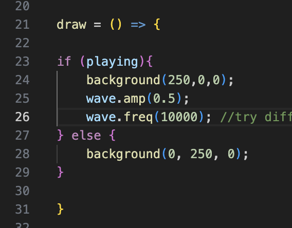 This code depicts how the background colour and wawve frequency work